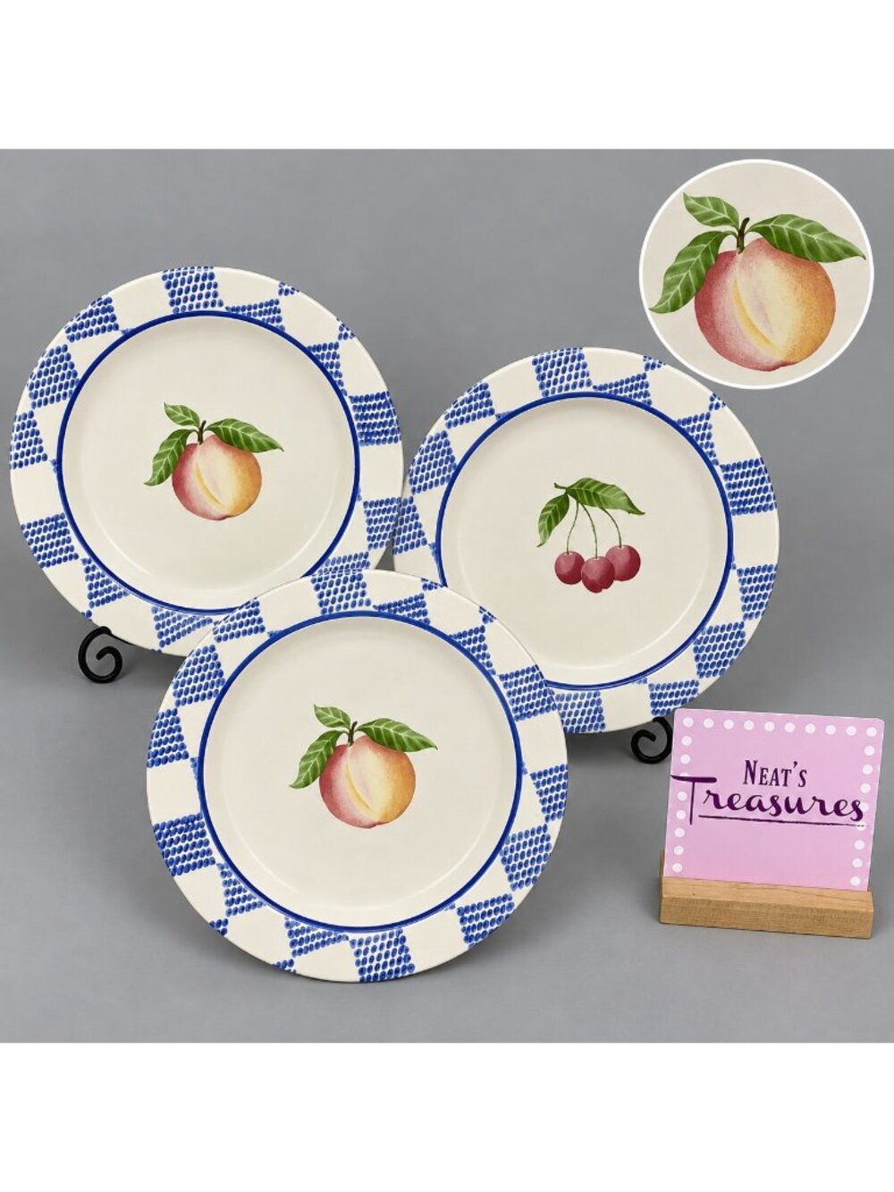 Pfaltzgraff HOPSCOTCH FRUIT Stoneware Blue Checked Rim Salad Lunch Plates Set 3